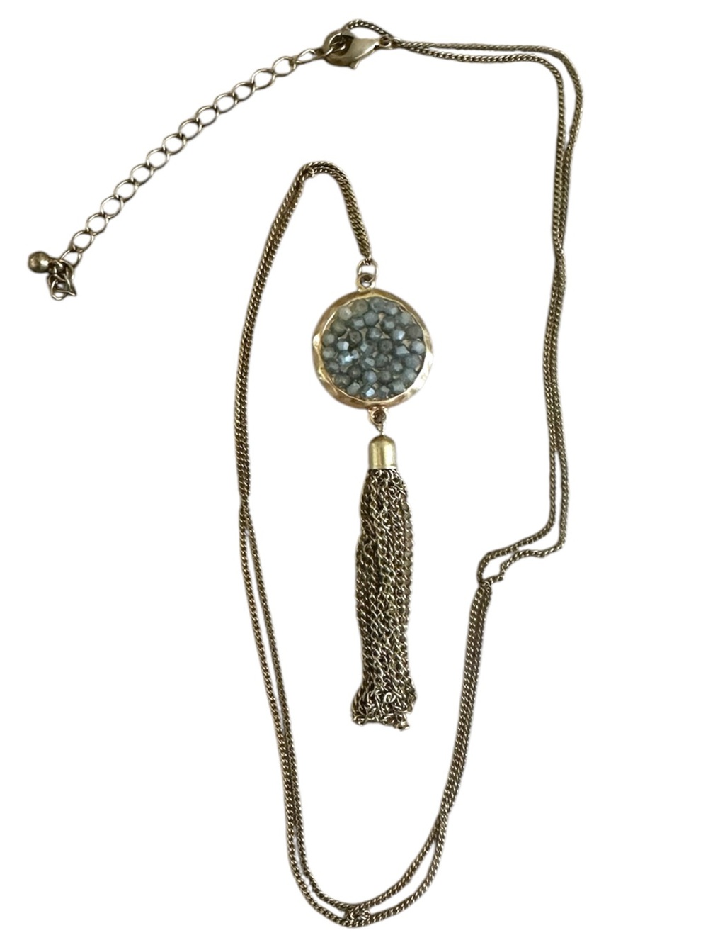 Gold Tone Necklace with Blue Seed Bead Geode Pendant and Tassel